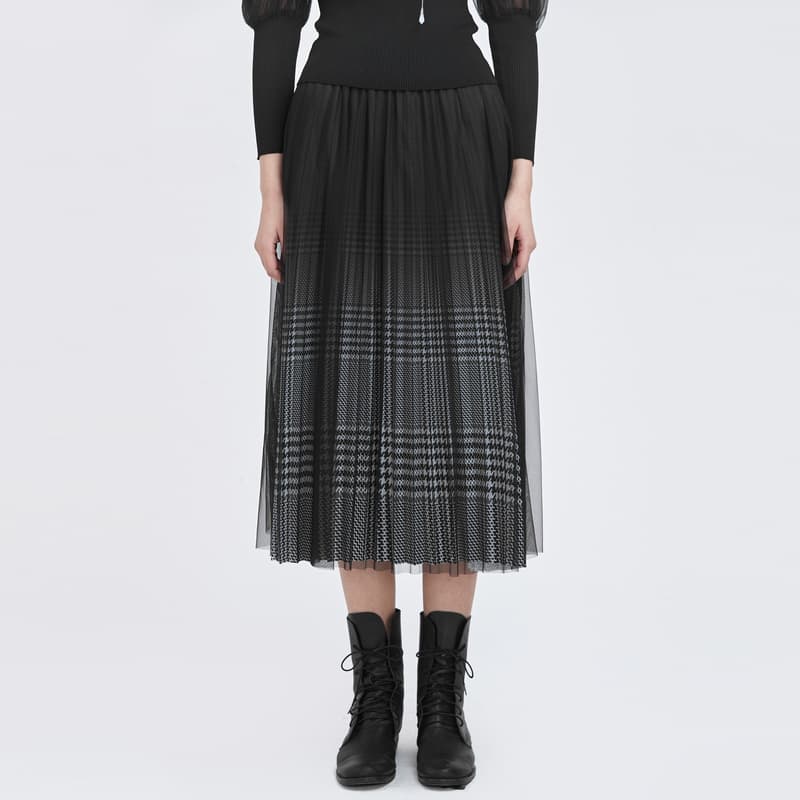 チェック服 チュールレイヤード格子柄ロングスカート