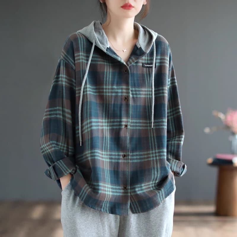 チェック 服 チェック柄フード付きブラウス韓国風長袖シャツ トップス