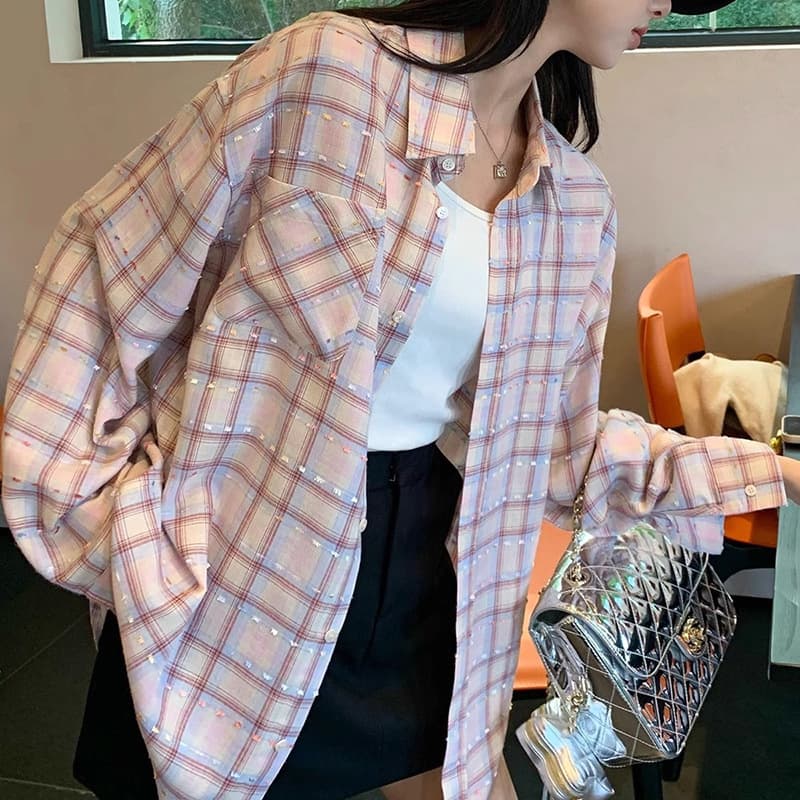 チェック 服 韓国風チェック柄長袖シャツ レディース カジュアル