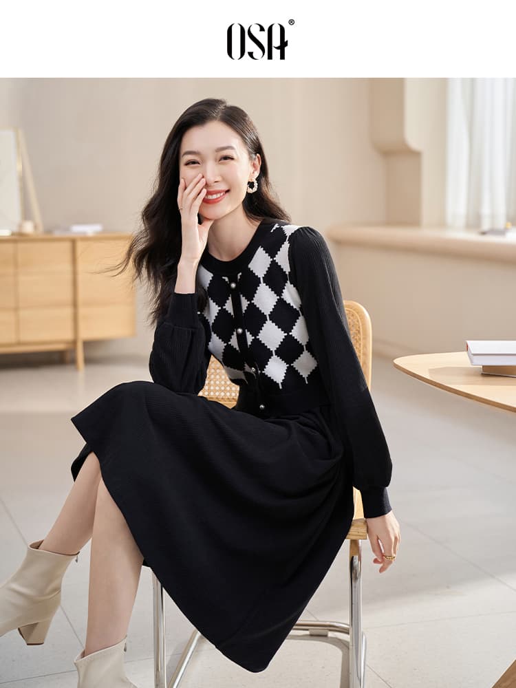 チェック服 菱格チェック柄レイヤード風ワンピース