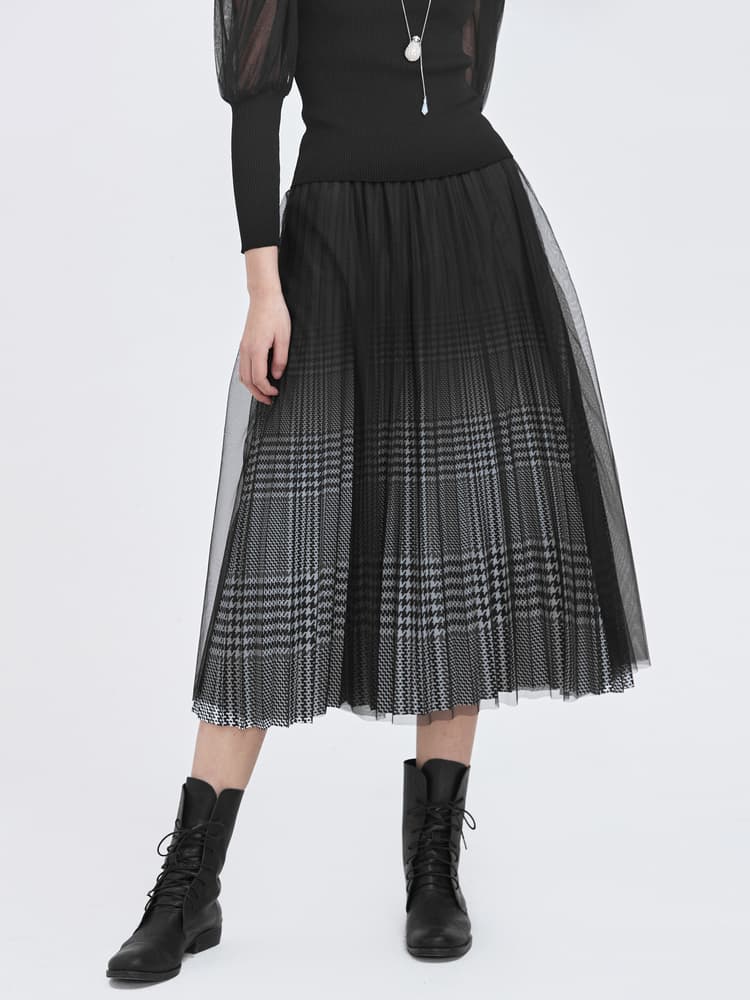 チェック服 チュールレイヤード格子柄ロングスカート
