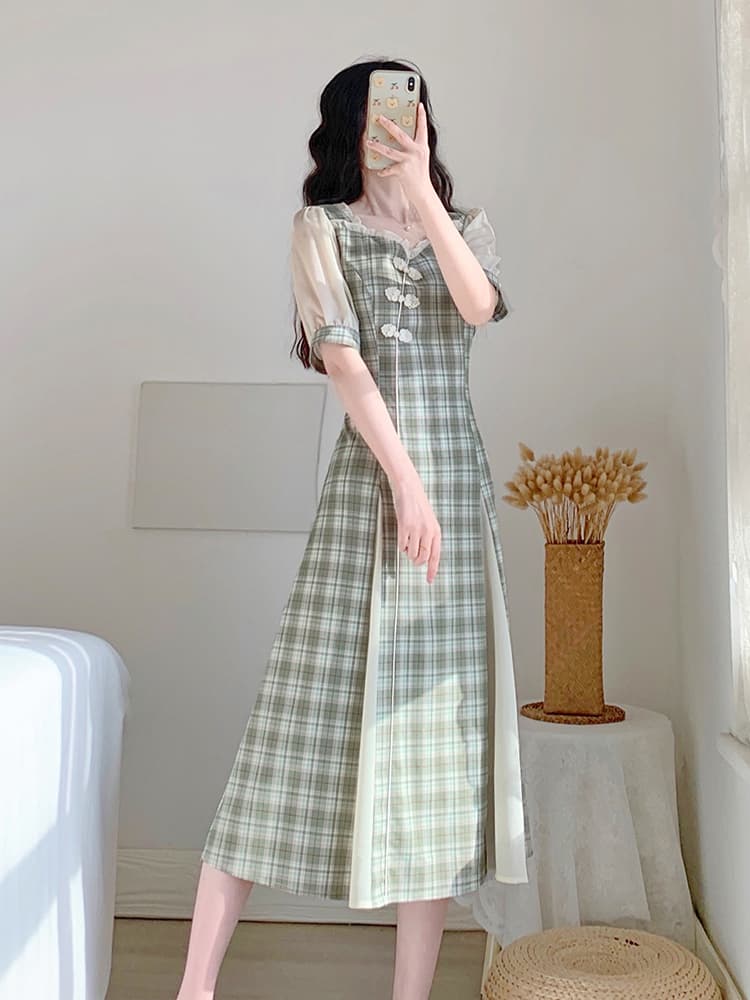 チェック服 レトロ風チェック柄改良旗袍ワンピース