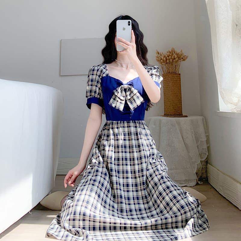 チェック柄ファッション 乙女心くすぐるパフスリーブリボンワンピース