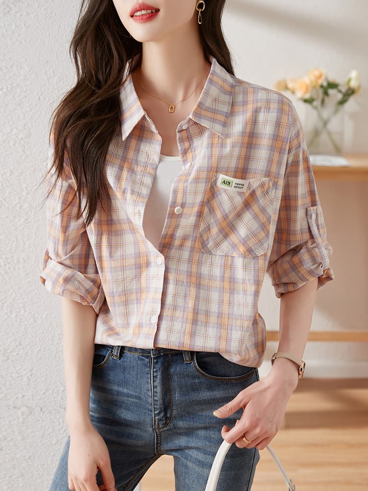 チェック服 レトロチェック柄純綿シャツ