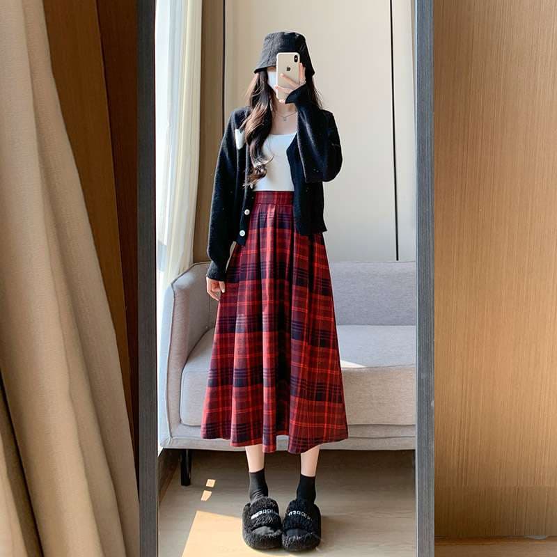 チェック柄ファッション ゆったりシルエットチェック柄ロングスカート