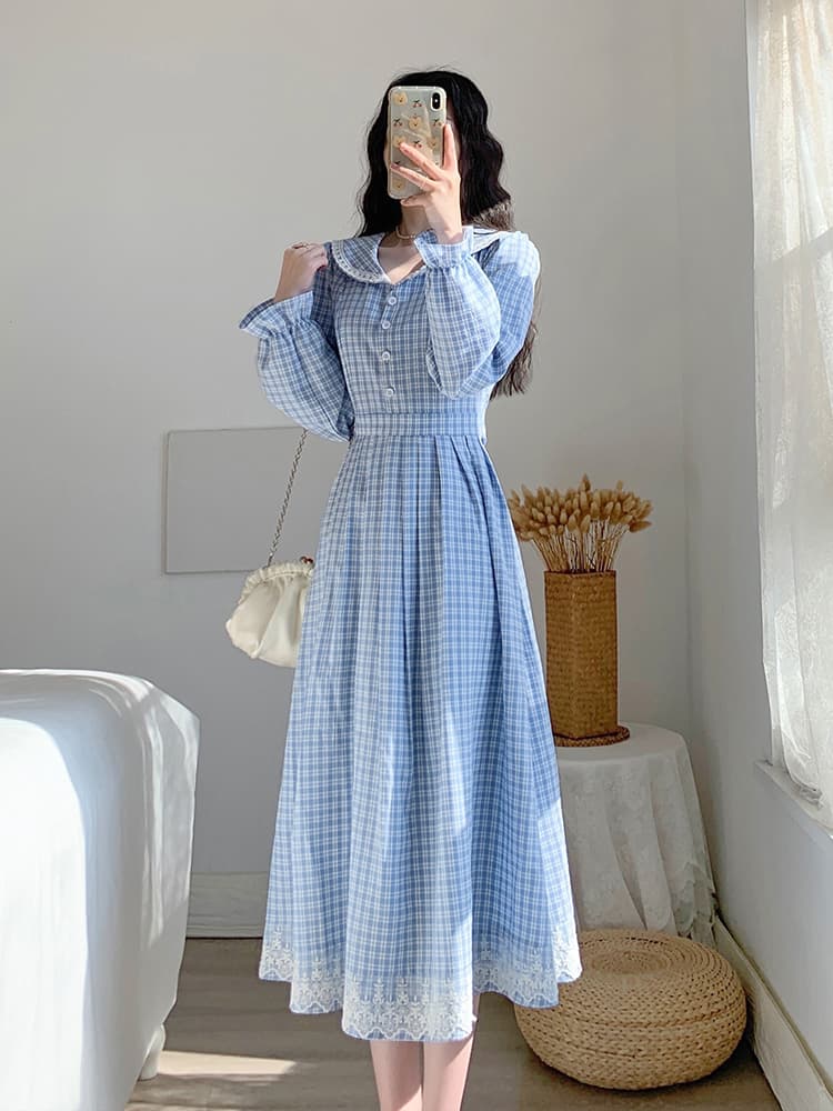 チェック服 クラシカルチェック柄レース切替フレアワンピース