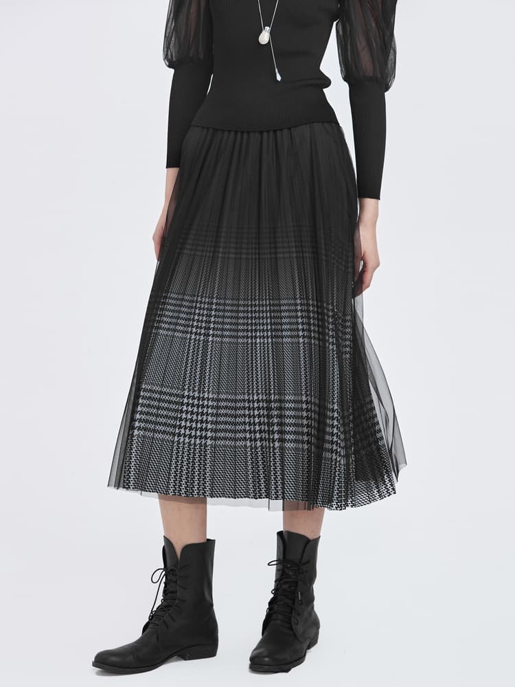 チェック服 チュールレイヤード格子柄ロングスカート