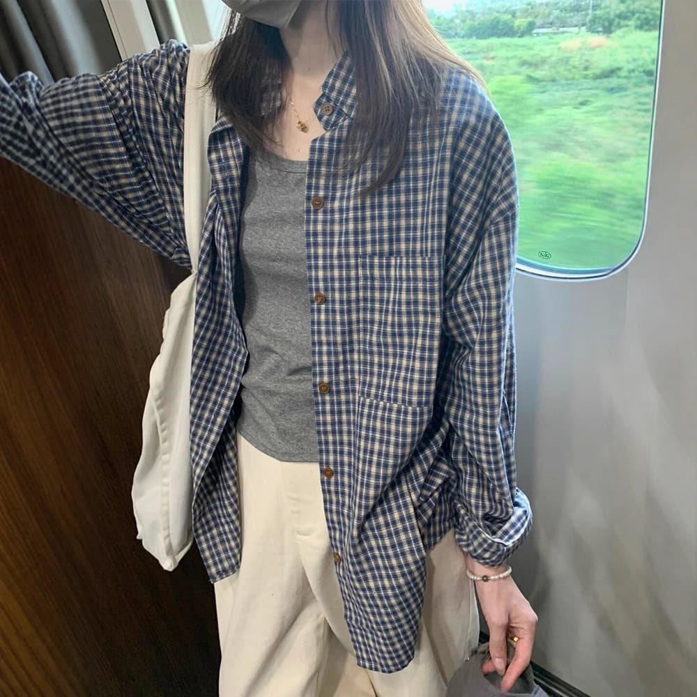 チェック 服 秋冬レディースゆったりチェック柄長袖シャツブラウス トップス