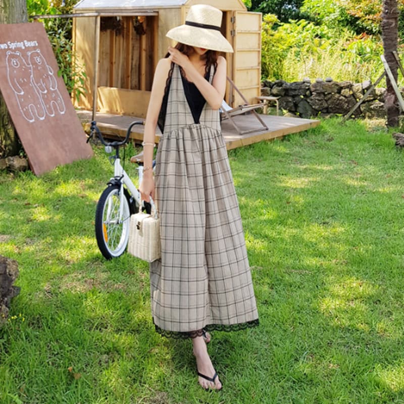 チェック柄ファッション レース付きチェック柄マキシワンピース