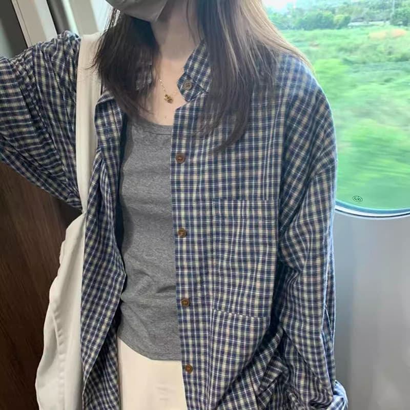 チェック 服 秋冬レディースゆったりチェック柄長袖シャツブラウス トップス