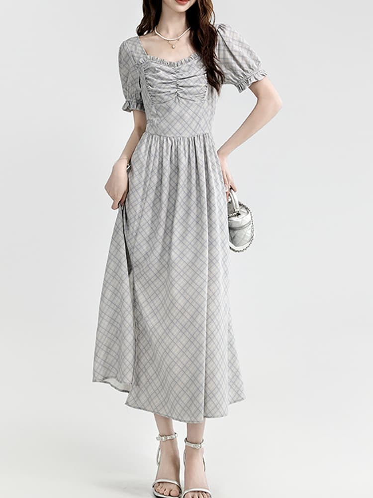 チェック服 胸元ギャザーチェック柄ワンピース