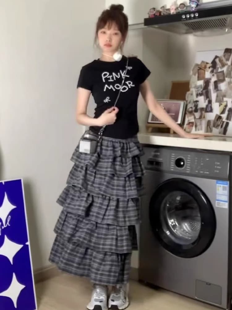 チェック柄ファッション チェック柄ティアードロングスカート