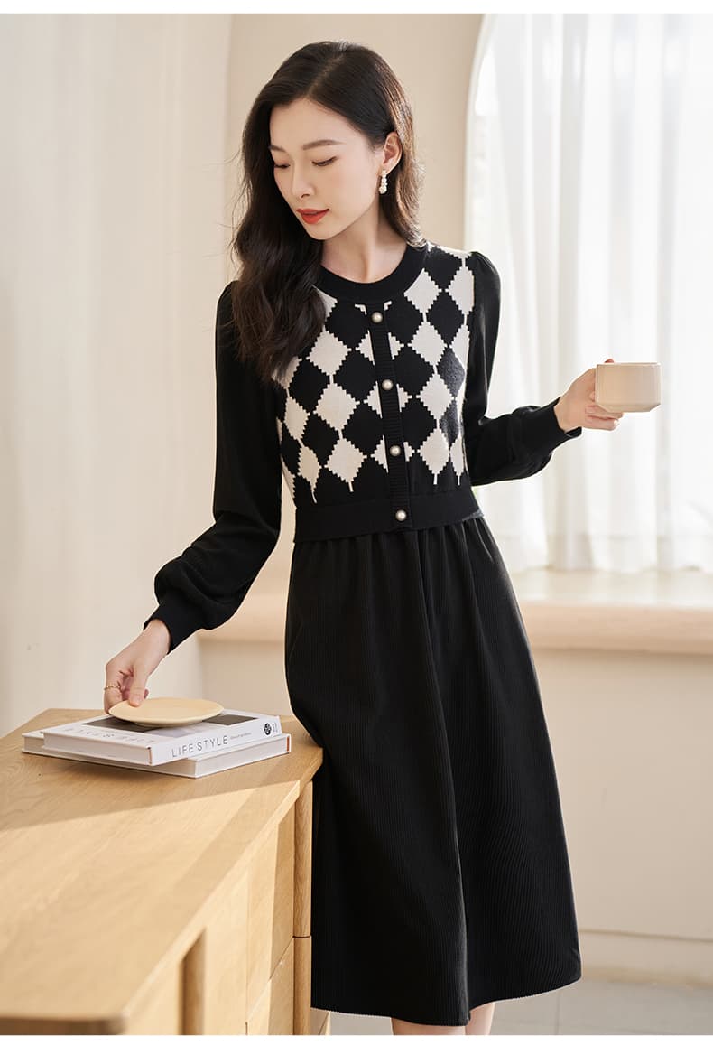 チェック服 菱格チェック柄レイヤード風ワンピース