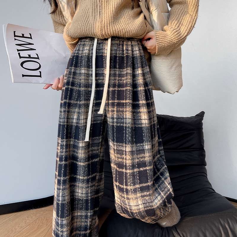 チェック柄ファッション チェック柄ワイドパンツ 秋冬リラックス