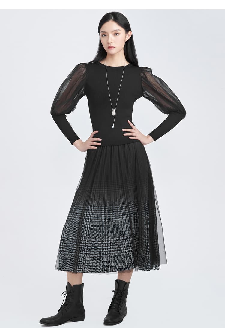 チェック服 チュールレイヤード格子柄ロングスカート