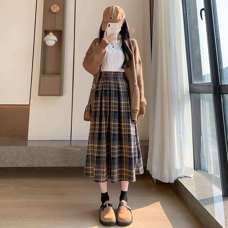 チェック柄ファッション ゆったりシルエットチェック柄ロングスカート