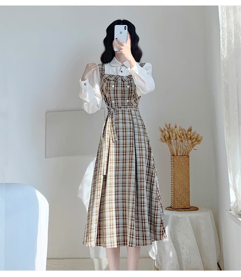 チェック服 レトロ風チェック柄レイヤード風ワンピース