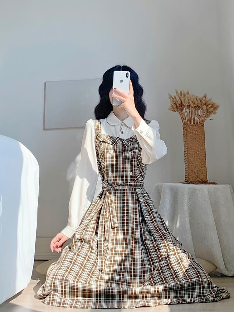 チェック服 レトロ風チェック柄レイヤード風ワンピース