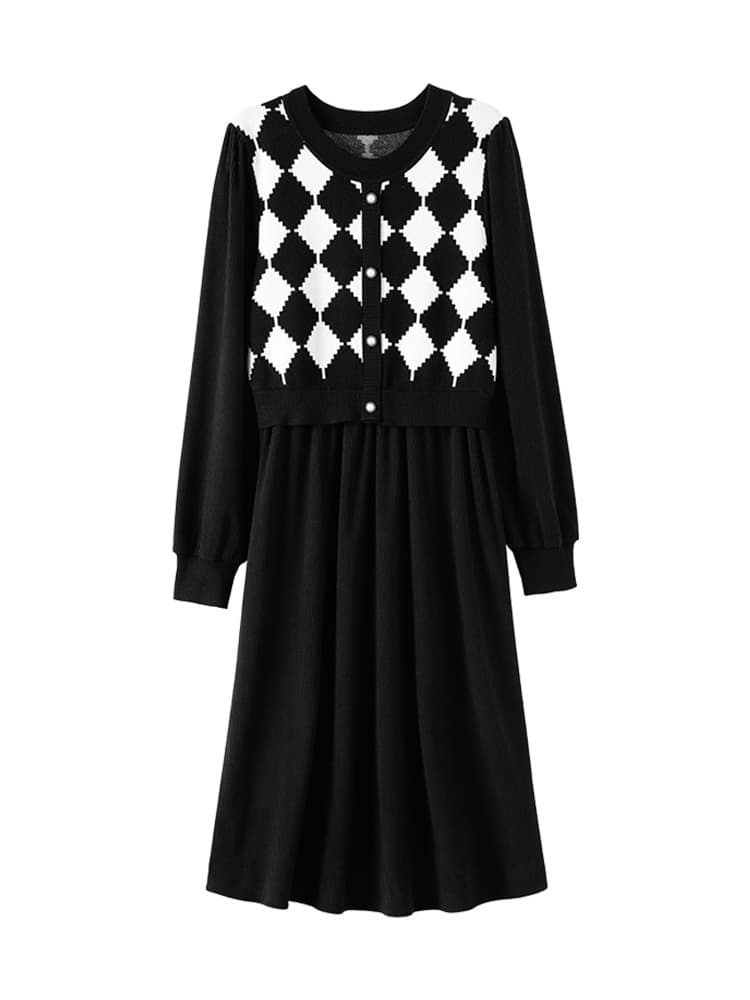 チェック服 菱格チェック柄レイヤード風ワンピース