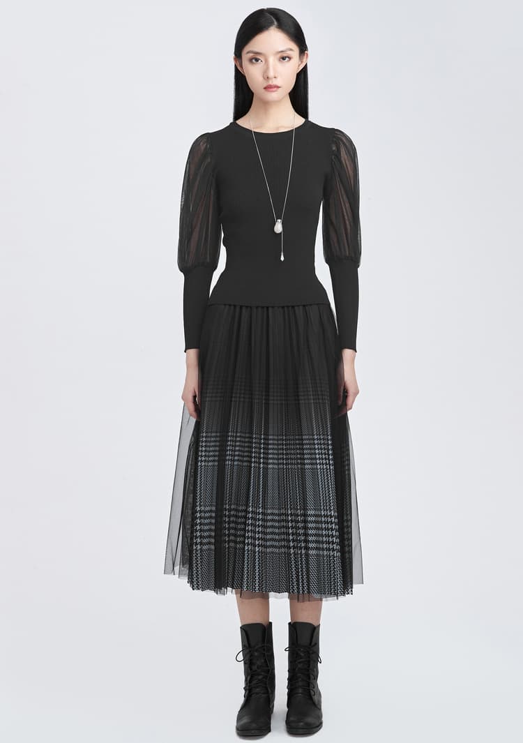 チェック服 チュールレイヤード格子柄ロングスカート