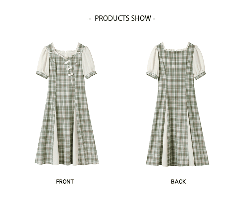 チェック服 レトロ風チェック柄改良旗袍ワンピース