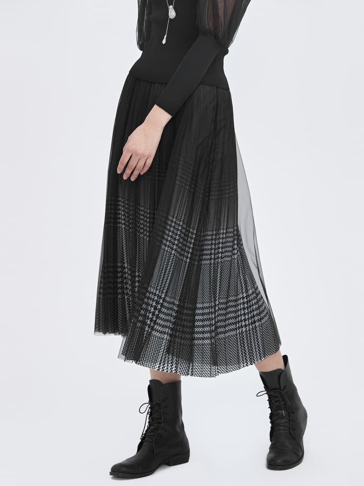 チェック服 チュールレイヤード格子柄ロングスカート