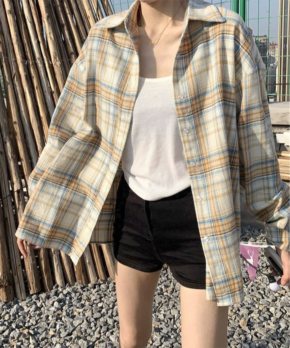 チェック 服トップス レディースチェックシャツブラウスゆったりレトロ風
