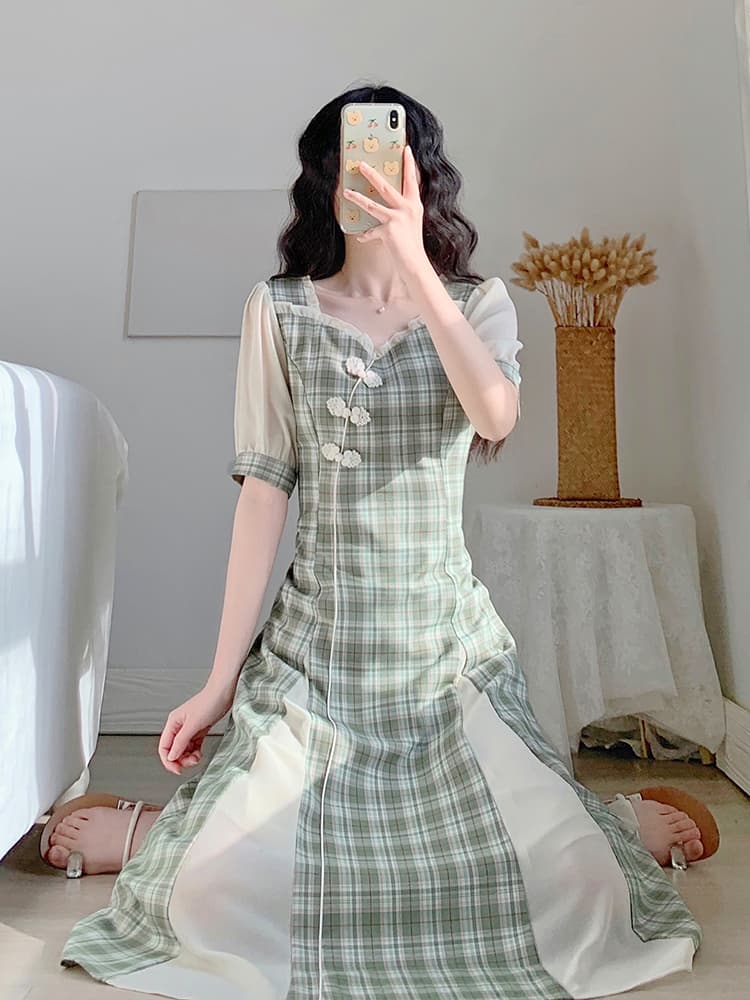 チェック服 レトロ風チェック柄改良旗袍ワンピース