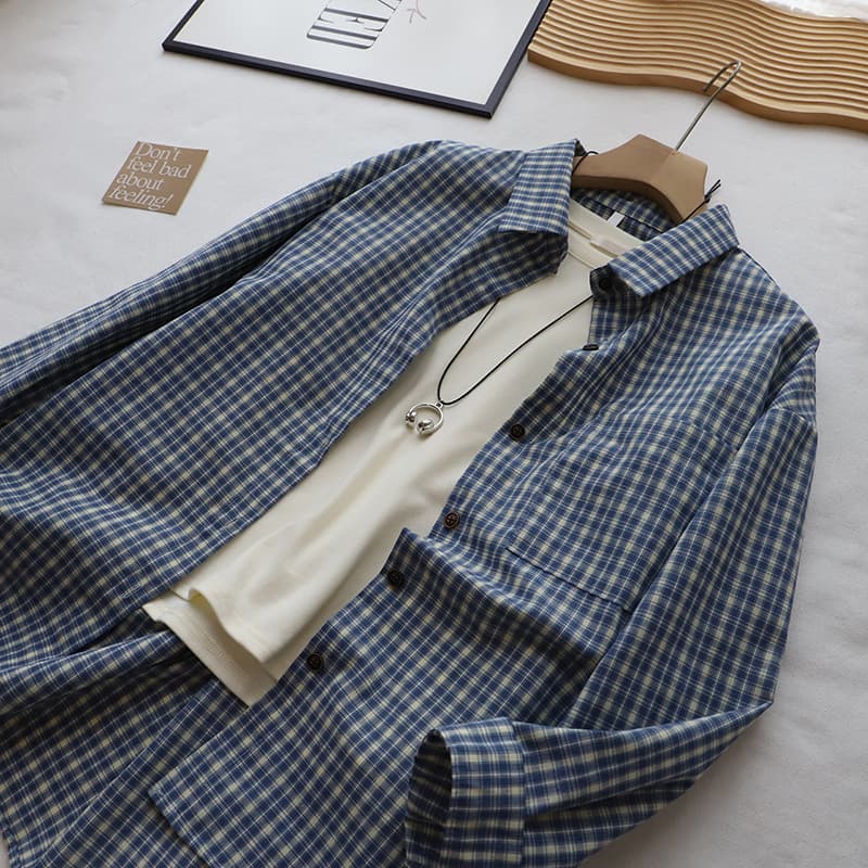 チェック 服 青系チェック柄長袖シャツブラウス