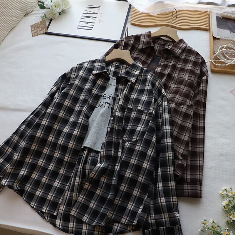 チェック 服 チェック柄長袖シャツ韓国風レディーストップス