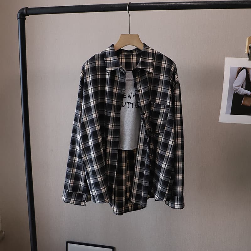 チェック 服 チェック柄長袖シャツ韓国風レディーストップス