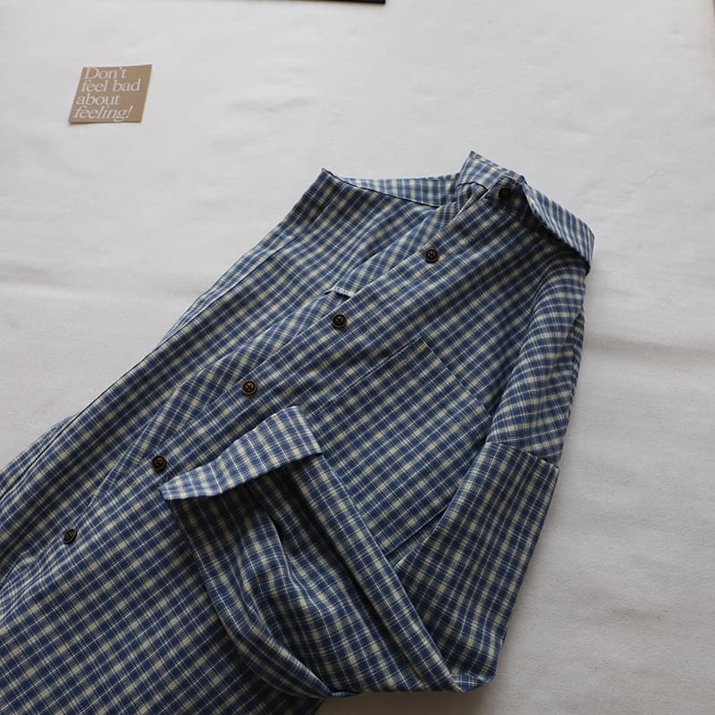 チェック 服 青系チェック柄長袖シャツブラウス