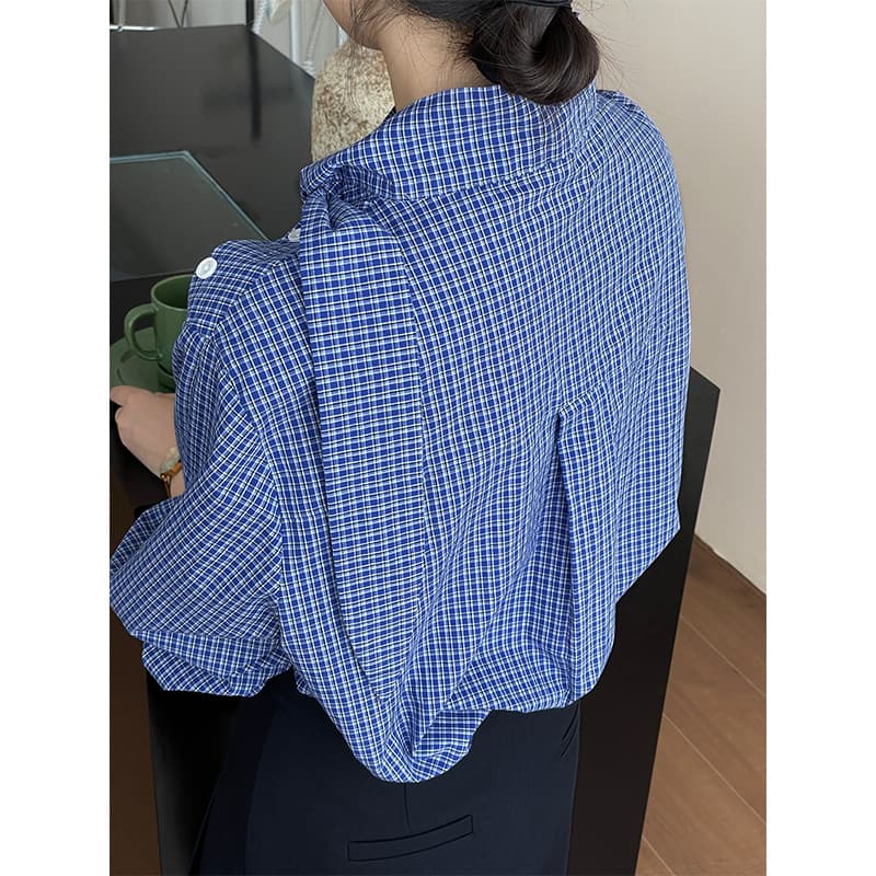 チェック 服 女性用青チェック柄長袖ブラウス トップス