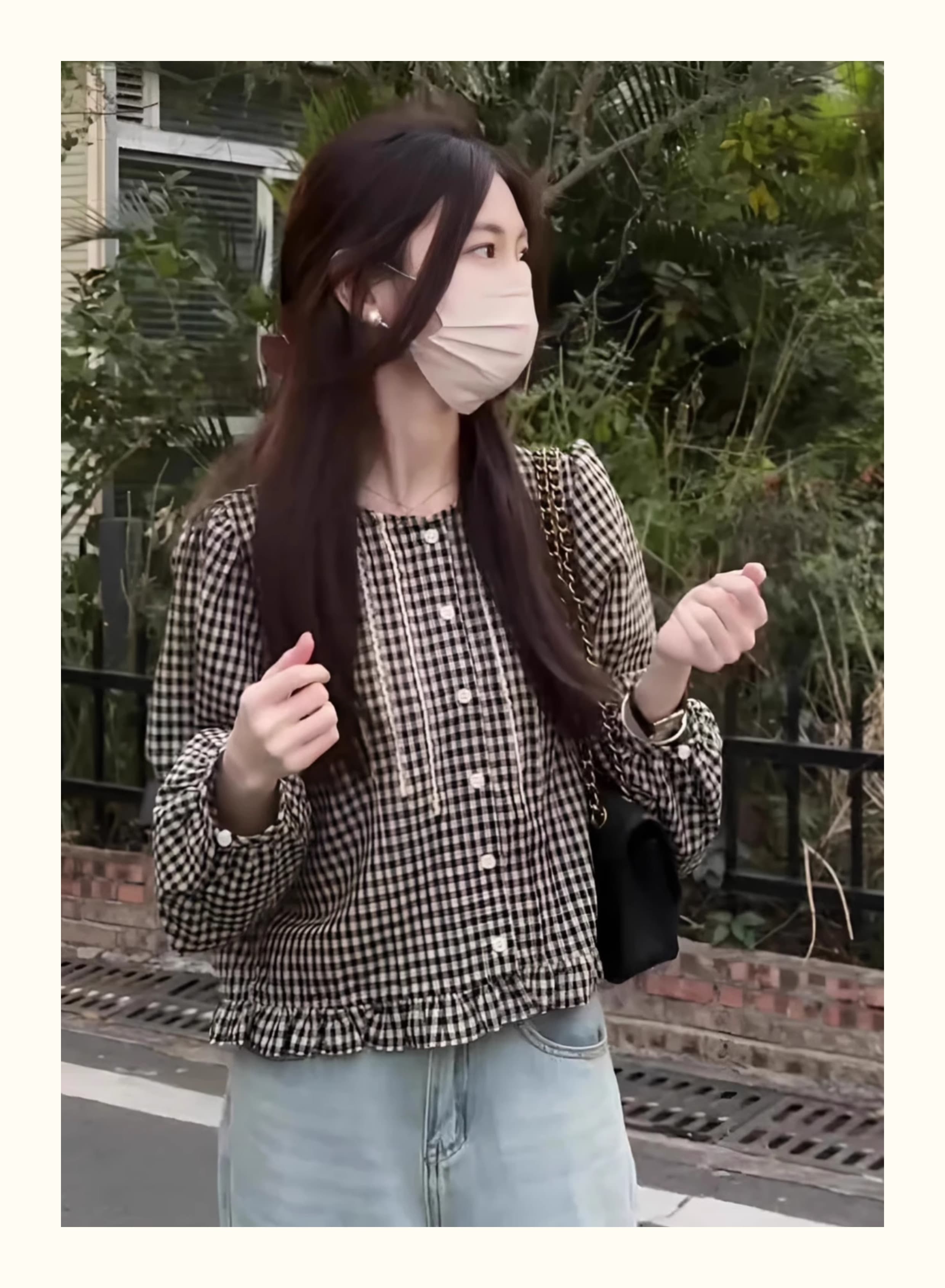 チェック柄ファッション モノトーン千鳥格子ふんわりブラウス