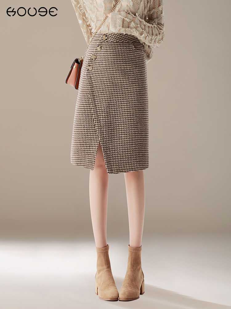 チェック服 千鳥格子柄スリット入りミディ丈スカート