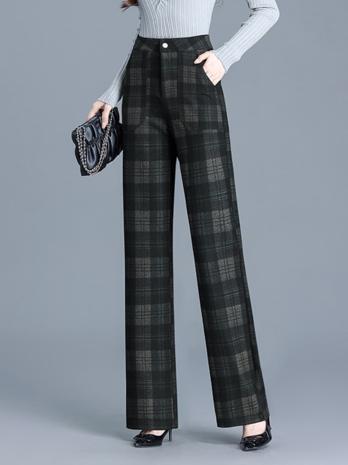 チェック柄ファッション ハイウエストチェック柄ストレートパンツ