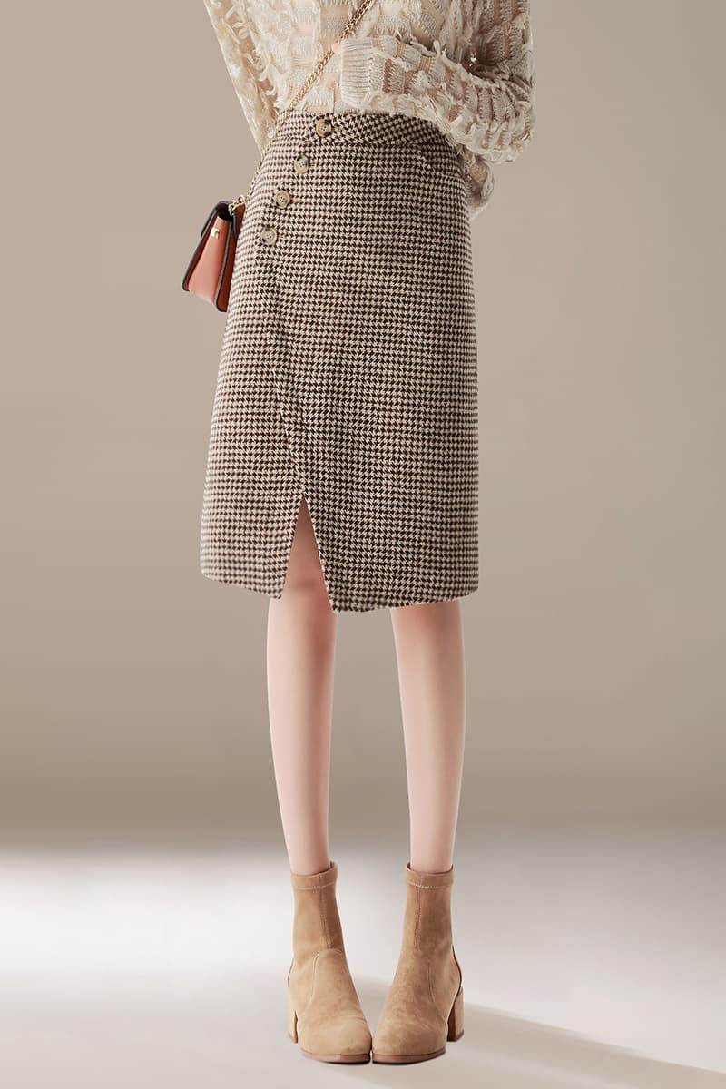 チェック服 千鳥格子柄スリット入りミディ丈スカート