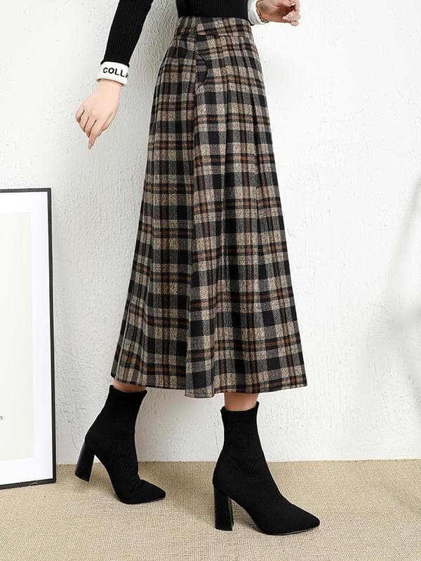 チェック服 上品チェック柄ウール混プリーツスカート
