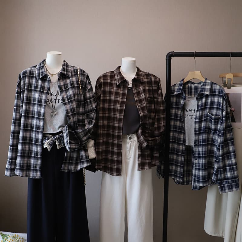 チェック 服 チェック柄長袖シャツ韓国風レディーストップス
