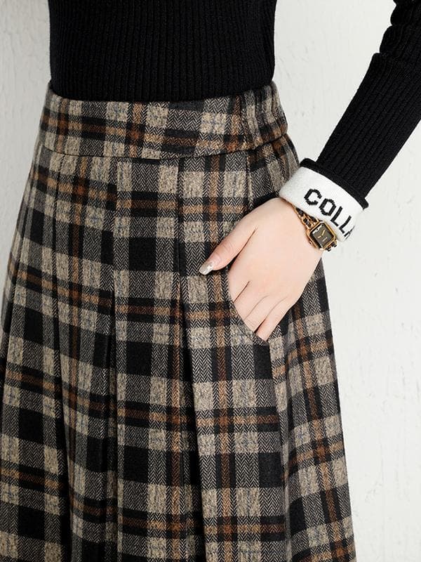 チェック服 上品チェック柄ウール混プリーツスカート