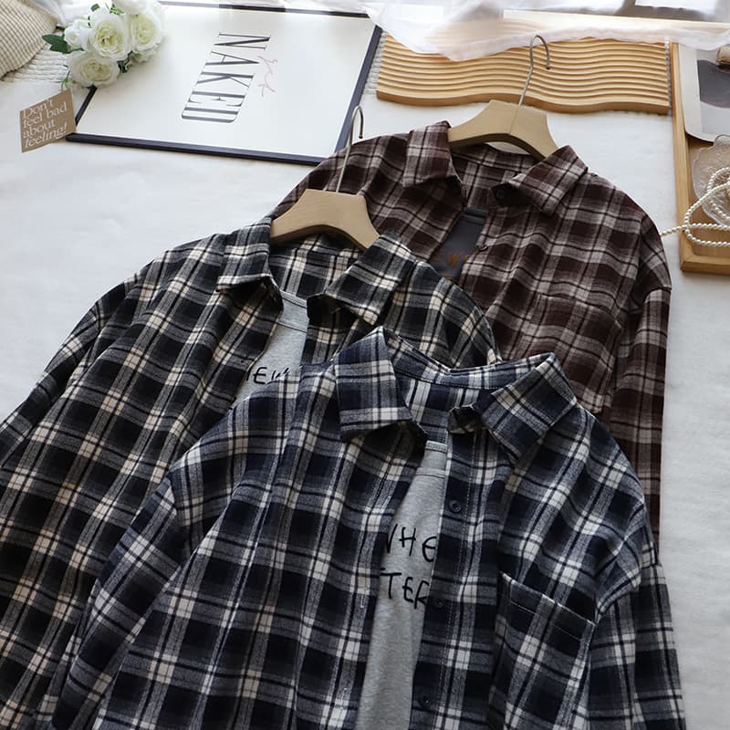 チェック 服 チェック柄長袖シャツ韓国風レディーストップス
