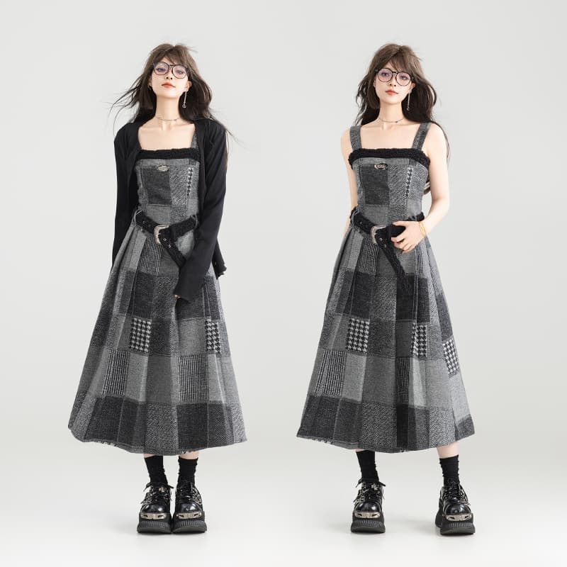 チェック服 重ね着風チェック柄ジャンパースカート