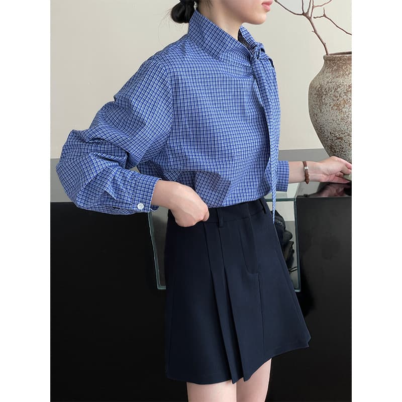 チェック 服 女性用青チェック柄長袖ブラウス トップス