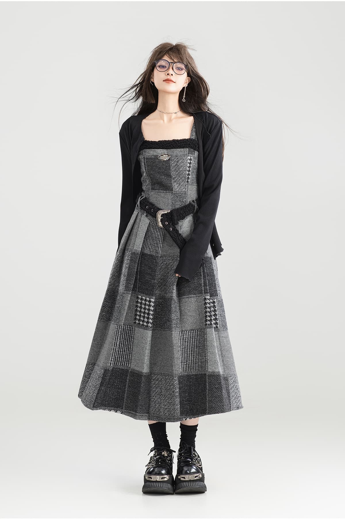 チェック服 重ね着風チェック柄ジャンパースカート
