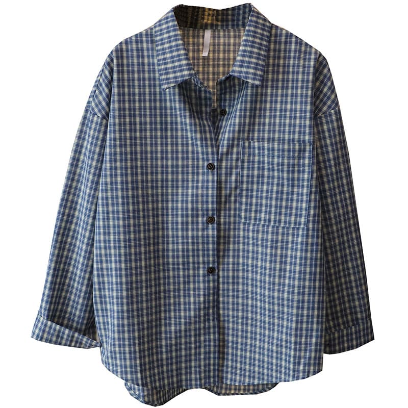 チェック 服 青系チェック柄長袖シャツブラウス
