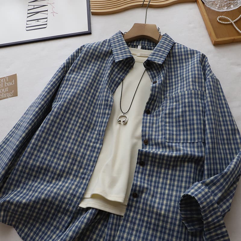 チェック 服 青系チェック柄長袖シャツブラウス
