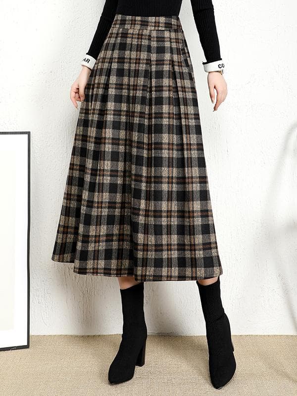 チェック服 上品チェック柄ウール混プリーツスカート