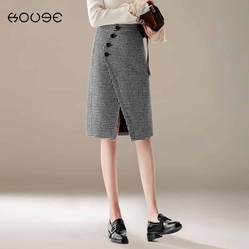 チェック服 千鳥格子柄スリット入りミディ丈スカート