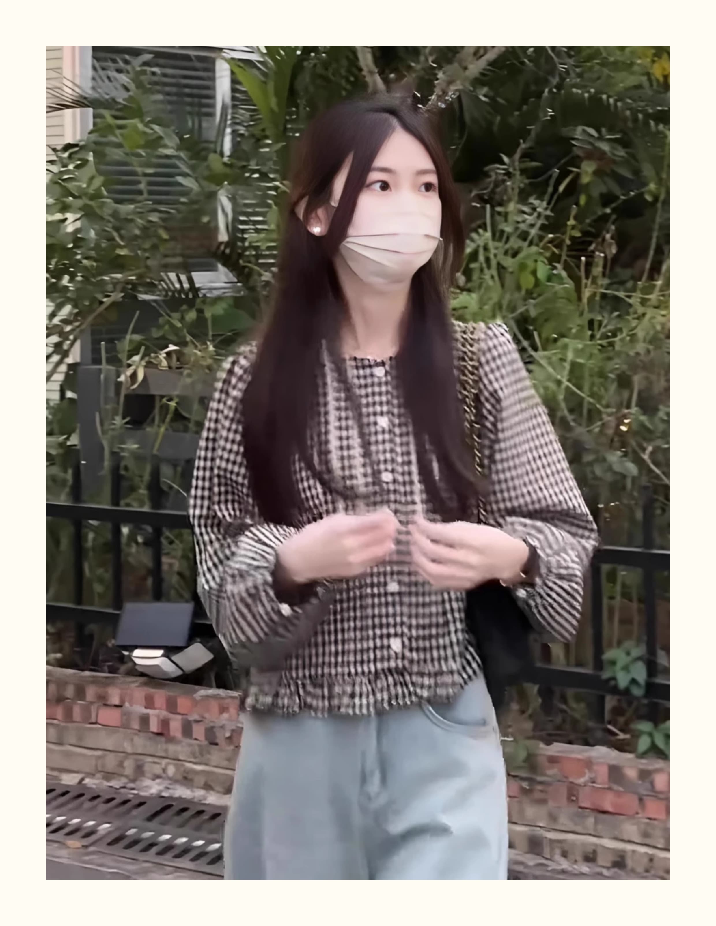 チェック柄ファッション モノトーン千鳥格子ふんわりブラウス