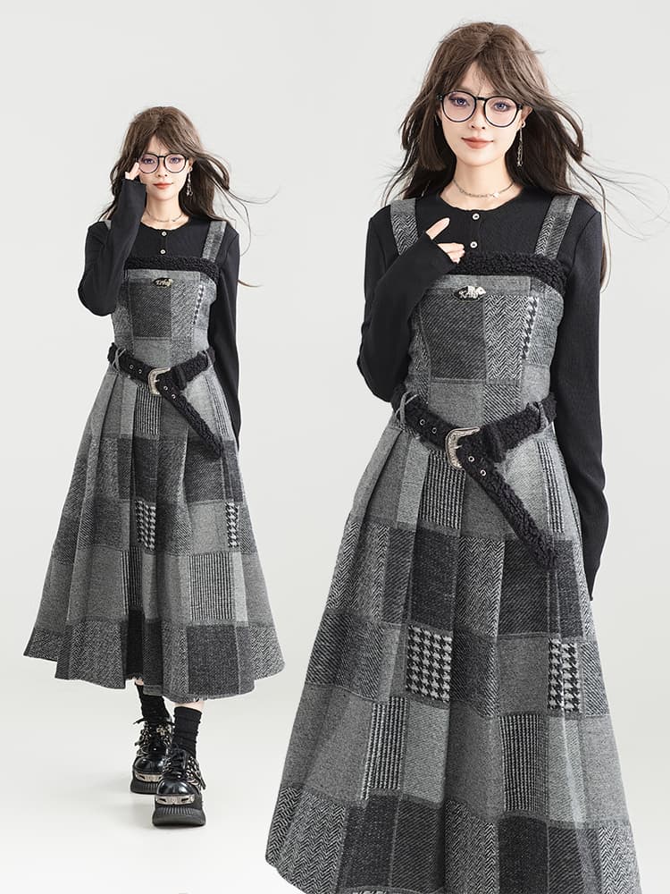 チェック服 重ね着風チェック柄ジャンパースカート